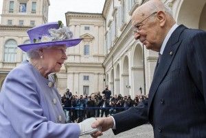 Queen Elizabeth II welcomed by former Italian president Giorgio Napolitano in April 2014.