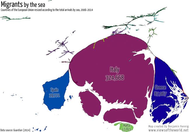Countries of the European Union resized according to the total arrivals by sea, 2006-2014. Data source: Guardian (2014)