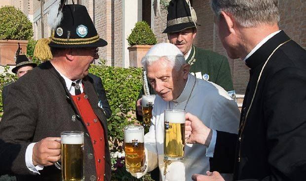 Cheers. Pope Emeritus Benedict XVI celebrated his 88th birthday with a beer.