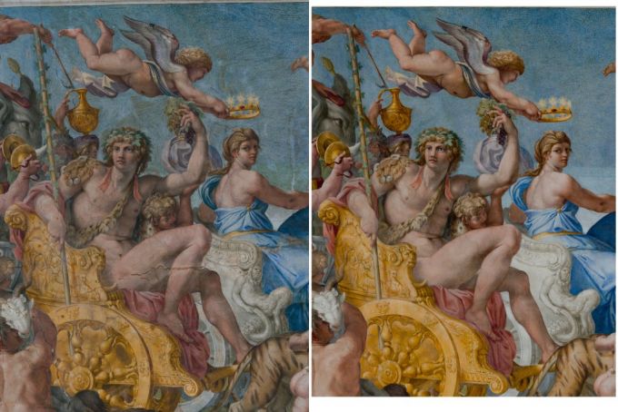 The Triumph of Bacchus and Ariadne, before and after restoration.