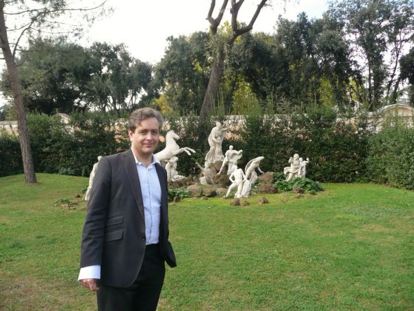 French Academy director Eric de Chassey with the Niobe group in the Villa Medici gardens.