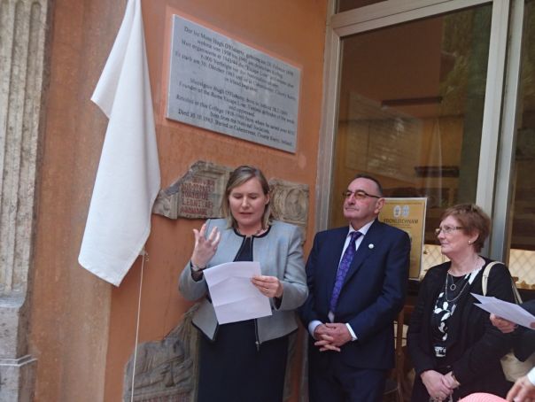 Ireland's ambassador to the Holy See Emma Madigan at the unveiling at the Collegium Teutonicum on 8 May, alongside O'Flaherty's nephew Hugh O'Falherty and niece Pearl Dineen.