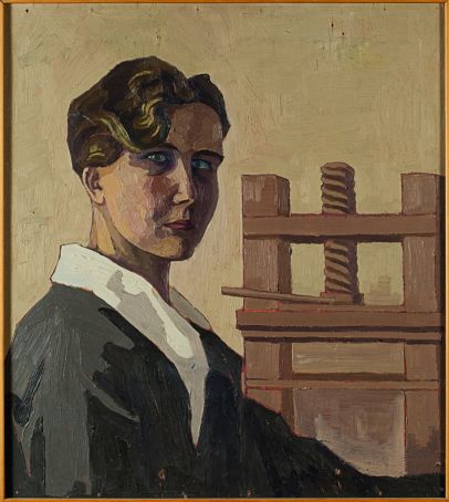 Mimì Quilici Buzzacchi, Autoritratto al torchio 1926, oil on board, Quilici collection.