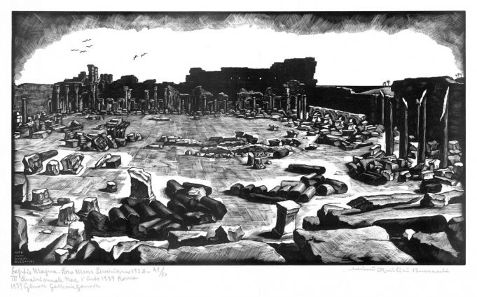 Mimì Quilici Buzzacchi, Leptis Magna – Foro Nuovo Severiano, 1938, woodcut, Quilici Collection.