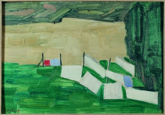 Mimì Quilici Buzzacchi, Bucatino con il Tevere biondo (Panni stesi), 1955, oil on cardboard, Quilici Collection.