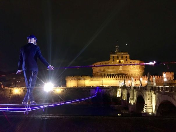 Tightrope act over Rome's Tiber river