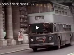 Traffic in Rome and double deck green buses 1971